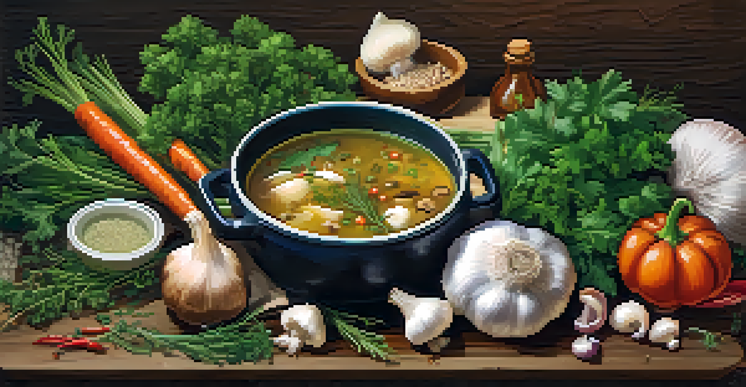 A flat lay of colorful broth-making ingredients including vegetables, herbs, and spices on a wooden table.