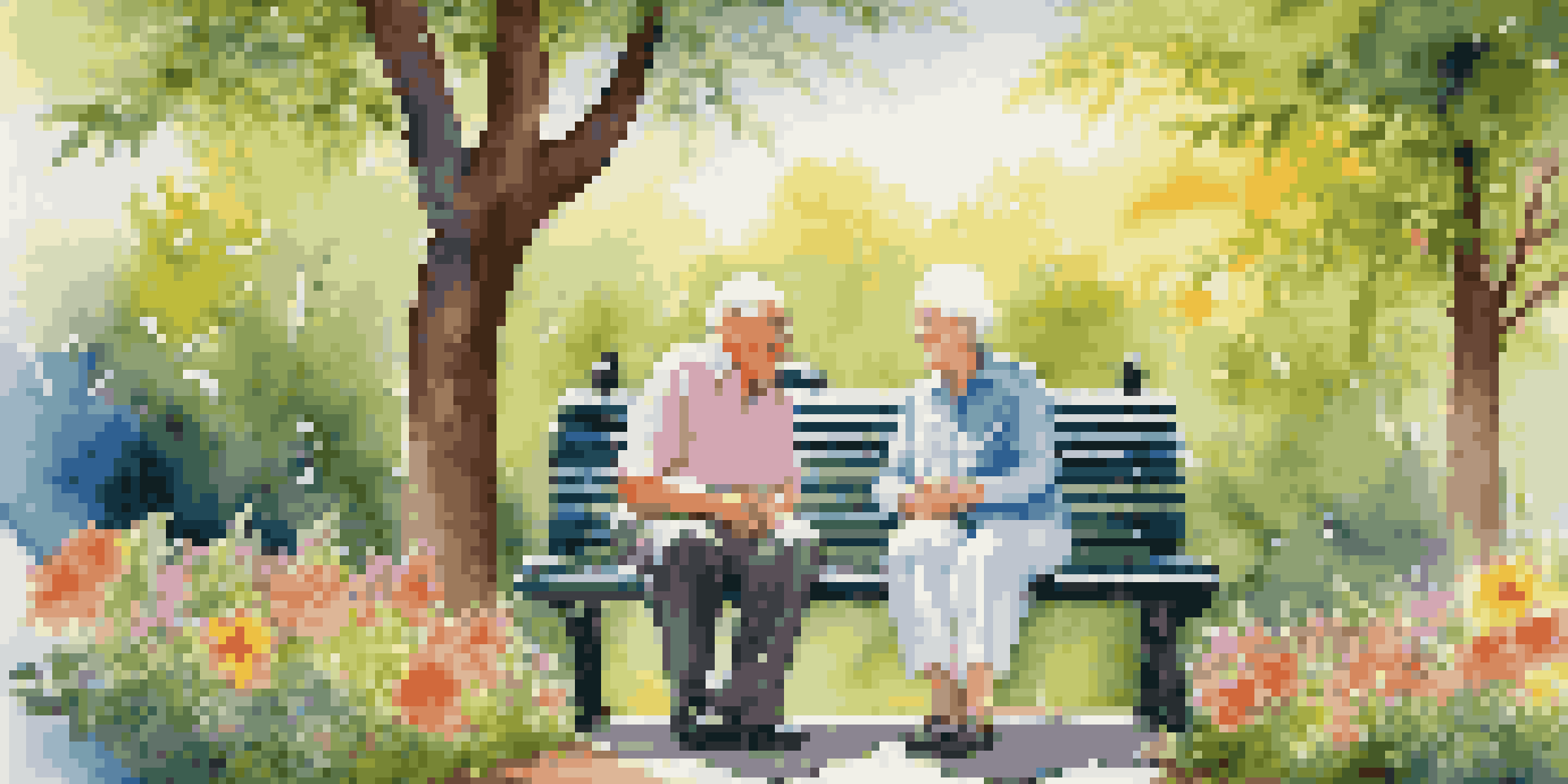 An elderly couple sitting on a park bench in a green park, smiling and holding hands, with sunlight filtering through the trees.
