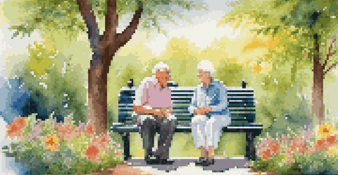 An elderly couple sitting on a park bench in a green park, smiling and holding hands, with sunlight filtering through the trees.