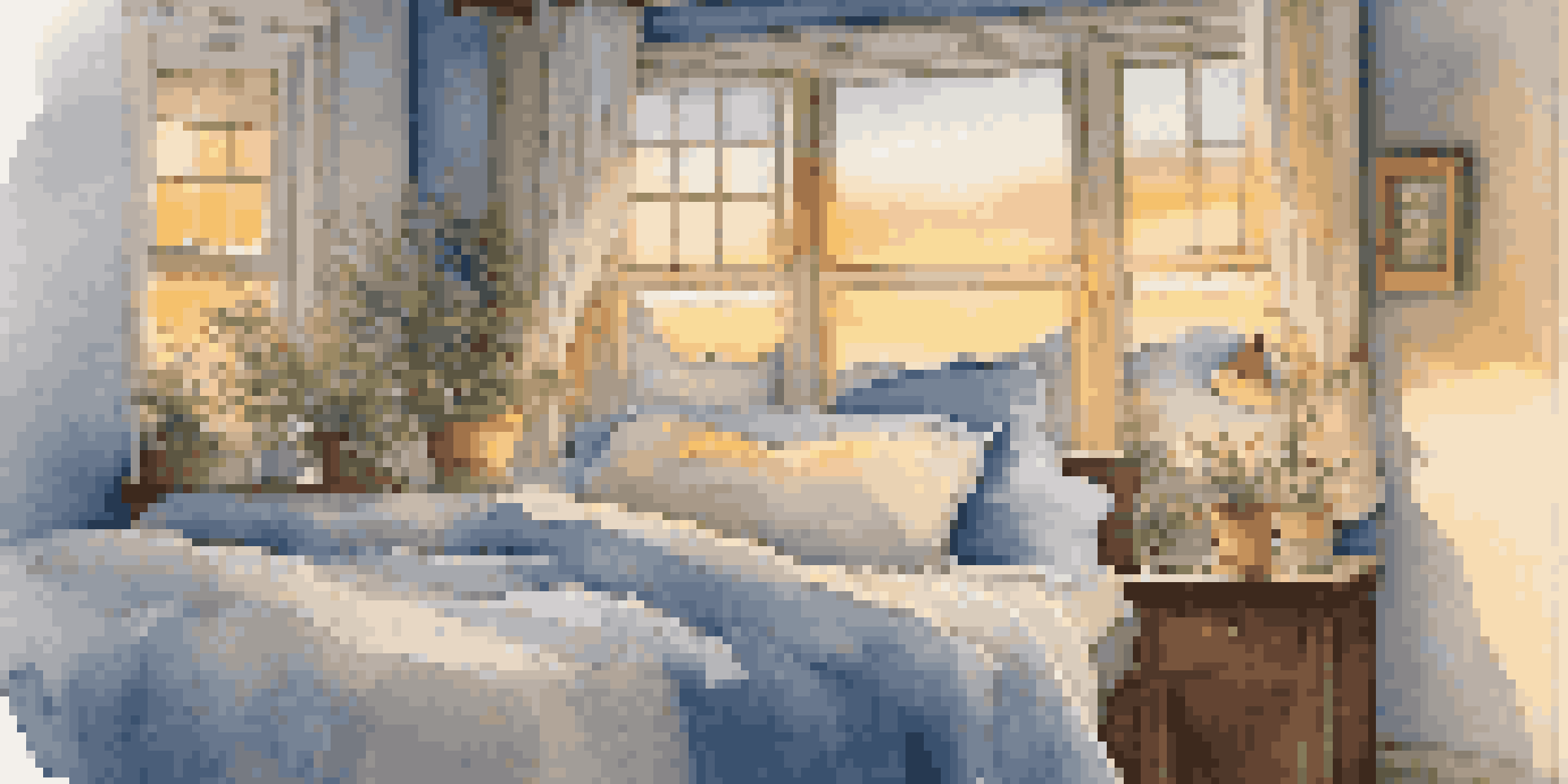 A cozy bedroom with a soft bed, warm lighting, and a sunset visible through the window, creating a calming atmosphere.