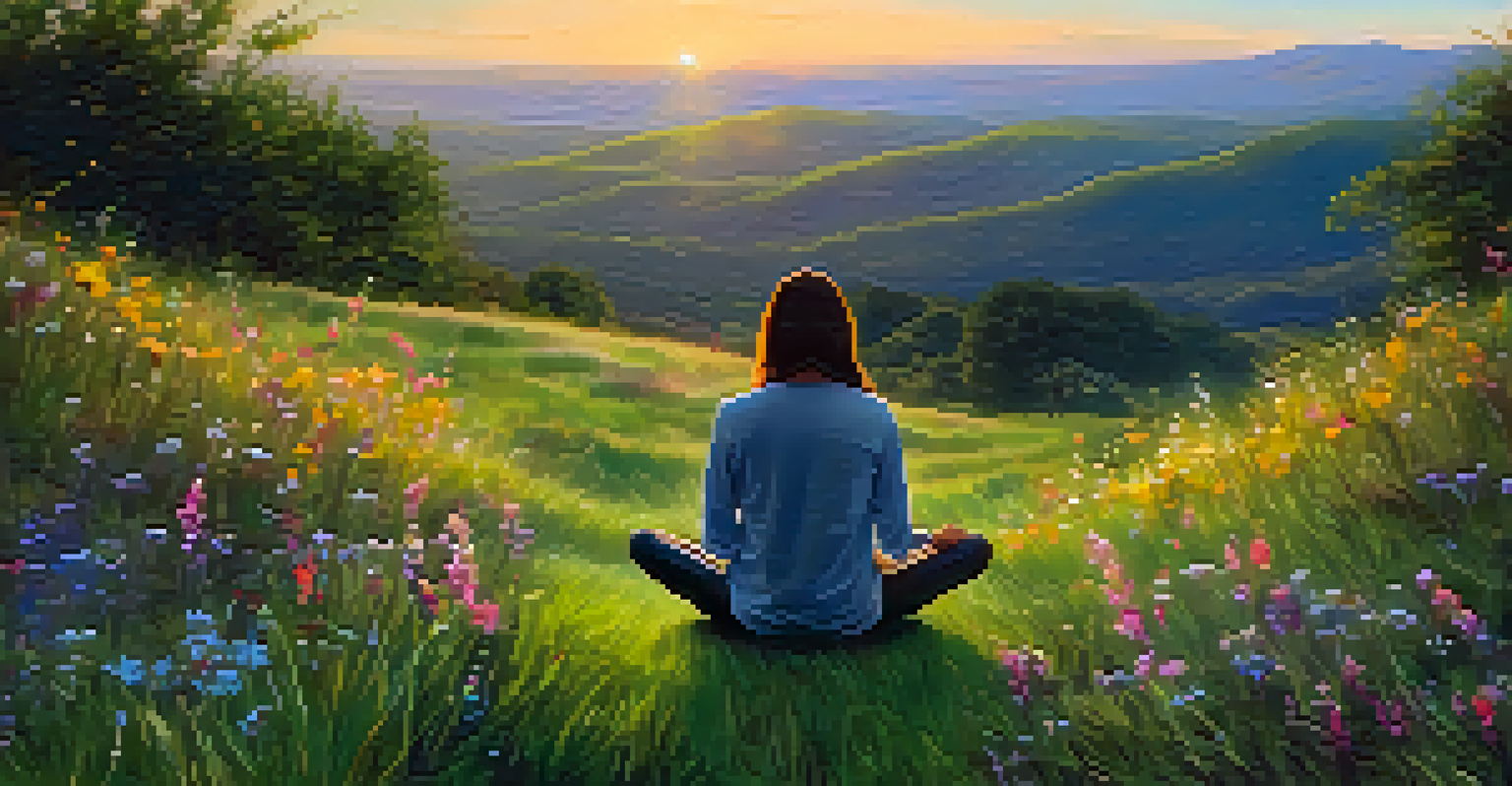A person meditating on a grassy hilltop at sunset, surrounded by wildflowers.