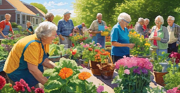 A community garden with older adults planting flowers and vegetables, showcasing a sunny day and joyful interactions.