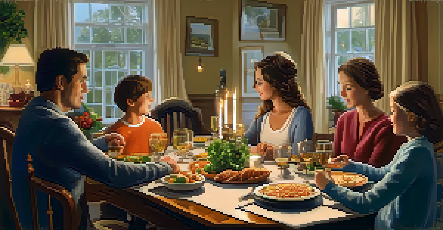 A family enjoying a technology-free dinner in a cozy dining room, engaged in conversation over a beautifully set table.
