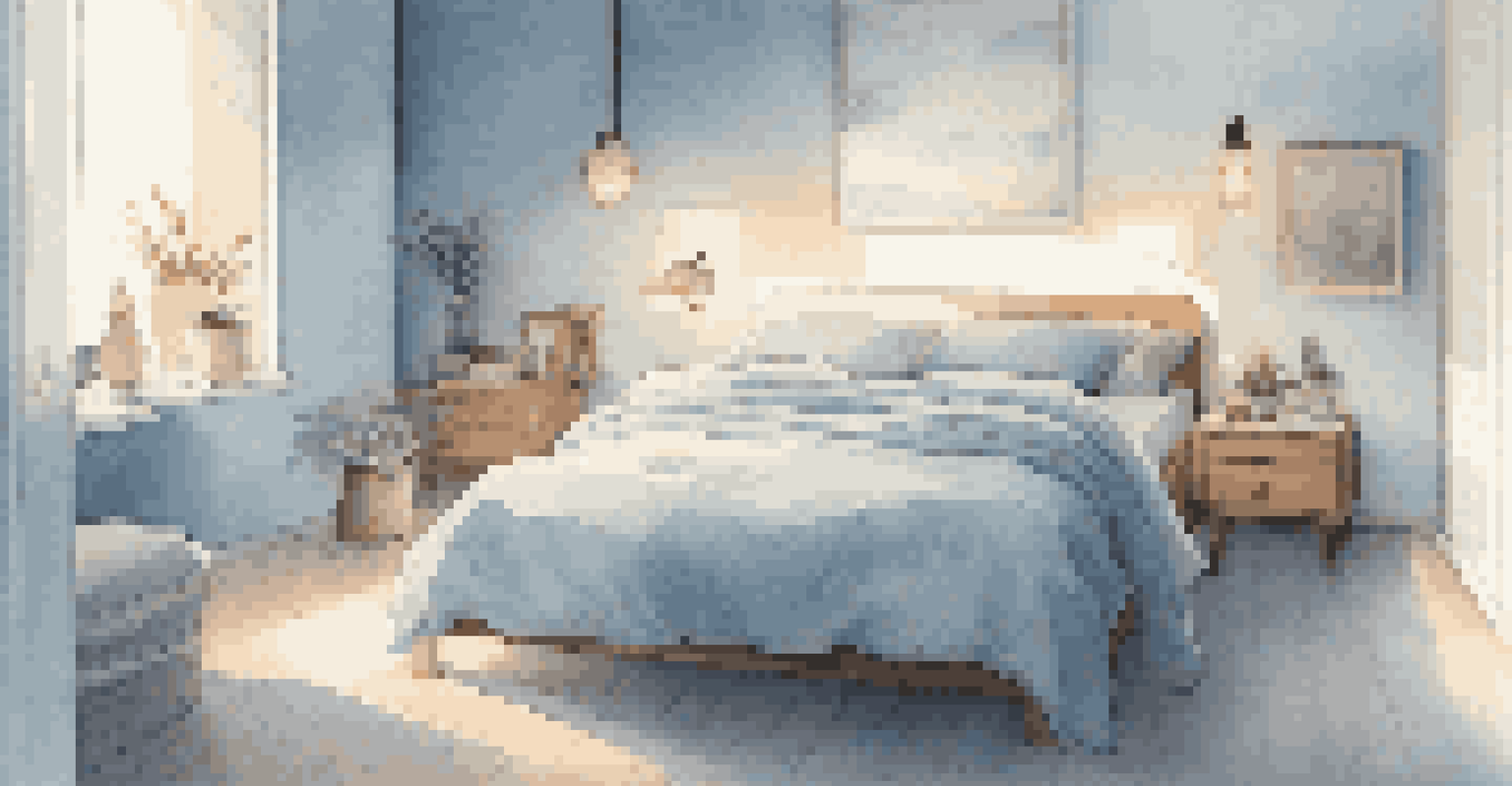 A minimalist bedroom with soft blue walls, a neatly made bed, and warm ambient lighting.