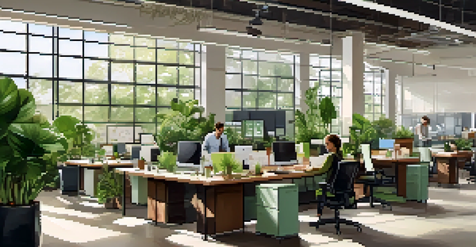 A bright and eco-friendly office with employees collaborating, surrounded by plants and recycling bins.