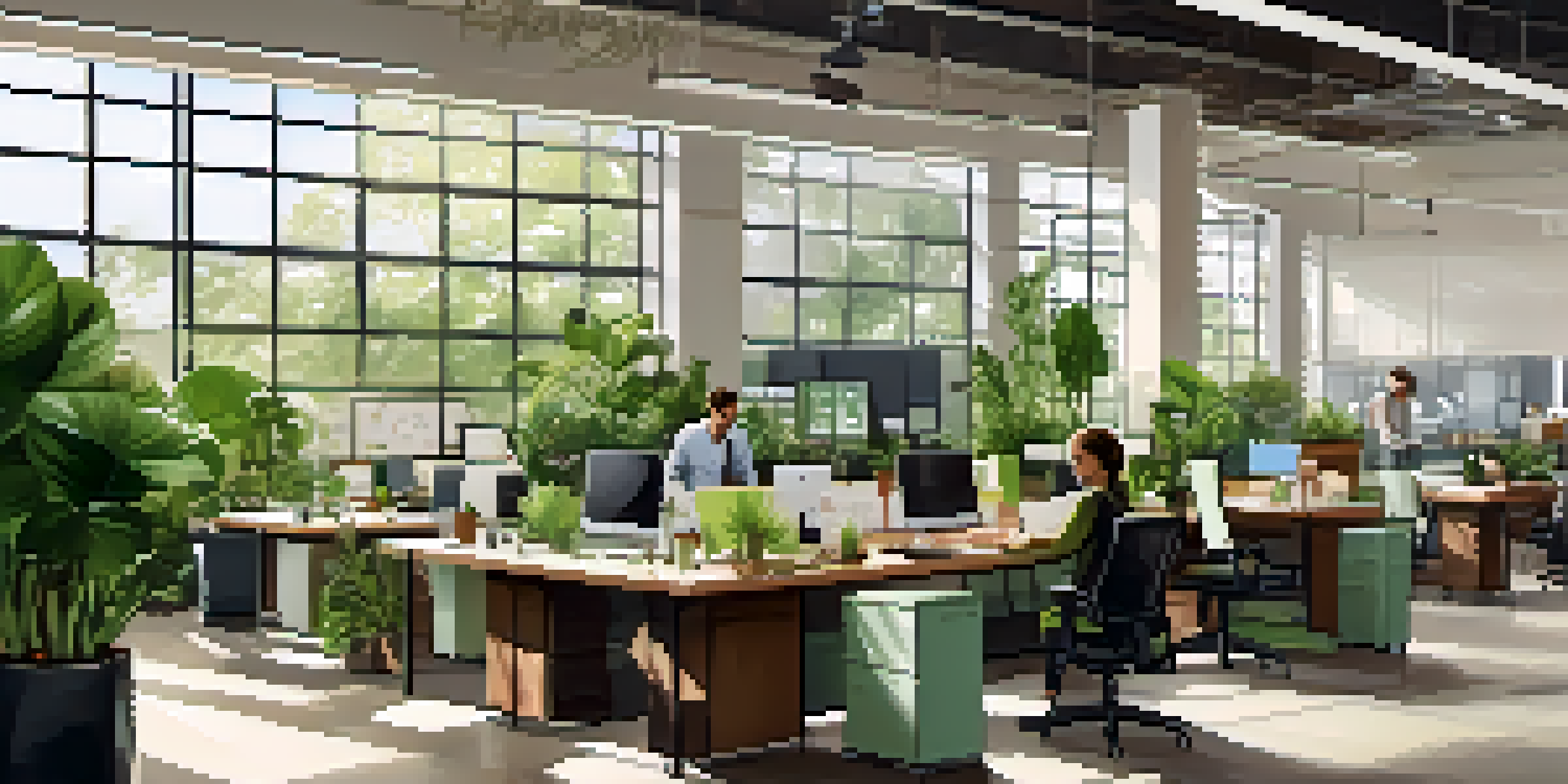 A bright and eco-friendly office with employees collaborating, surrounded by plants and recycling bins.