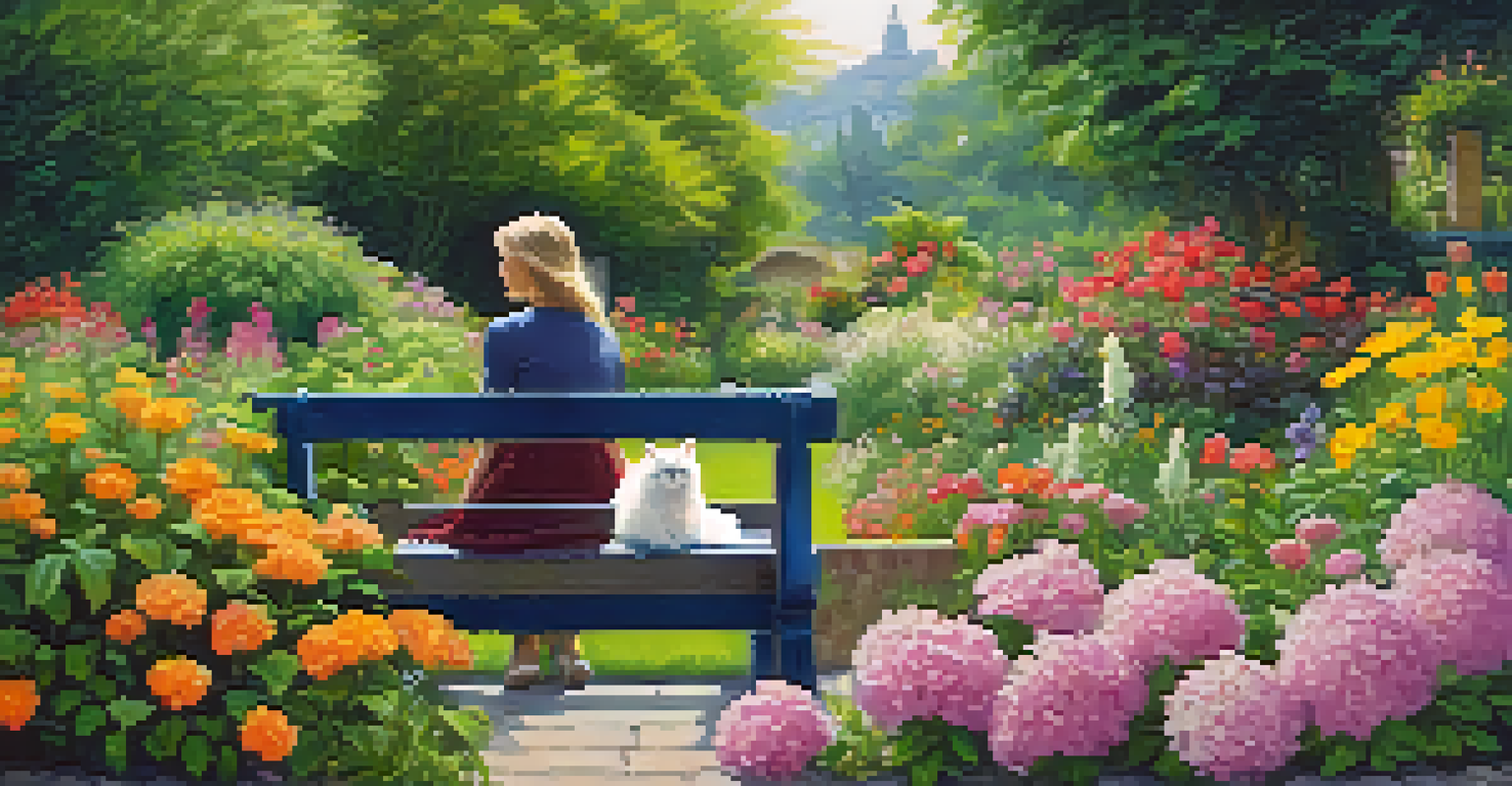 A person on a bench in a garden with a cat on their lap, surrounded by flowers and butterflies.
