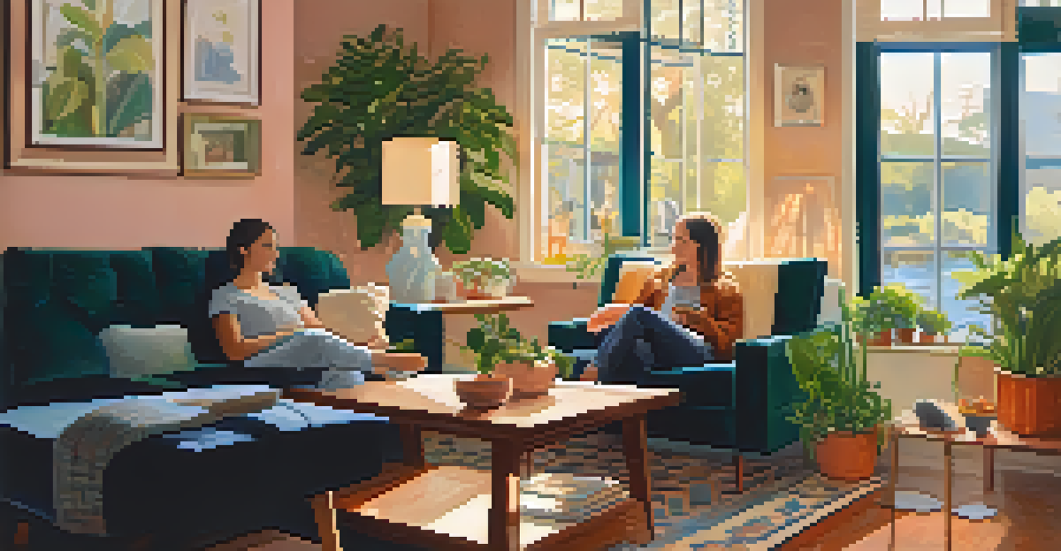 Two friends sitting on a couch in a cozy living room, having a warm conversation.