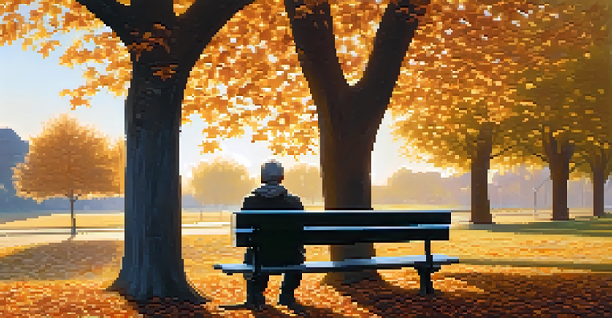 A man sitting on a park bench during sunset, looking thoughtful amidst autumn leaves.
