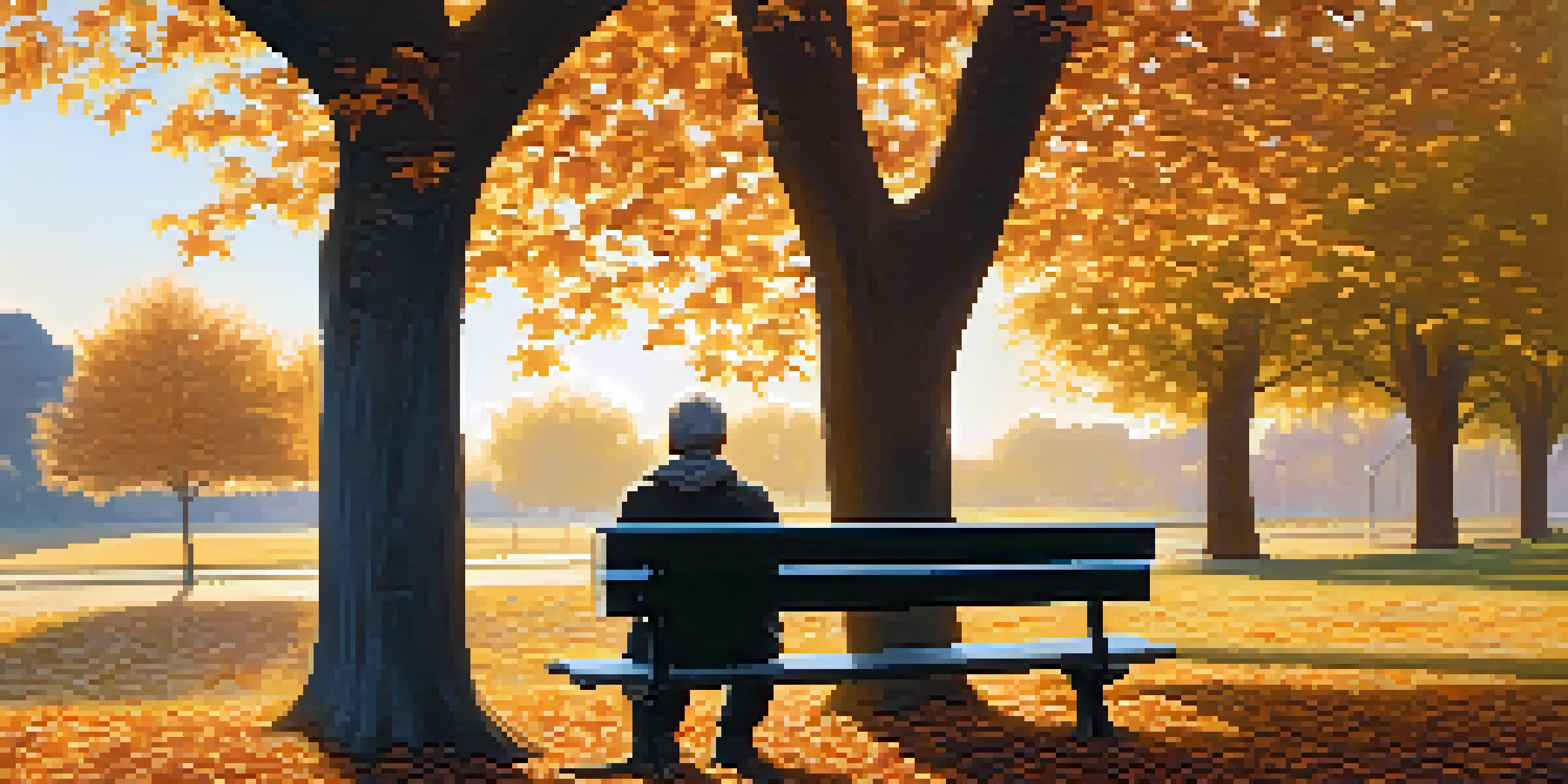 A man sitting on a park bench during sunset, looking thoughtful amidst autumn leaves.