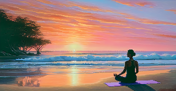 A person practicing yoga on a beach during sunset, with vibrant colors in the sky and calm waves.