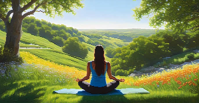 A person practicing yoga on a green hill surrounded by wildflowers and a stream in the background, under a clear sky.