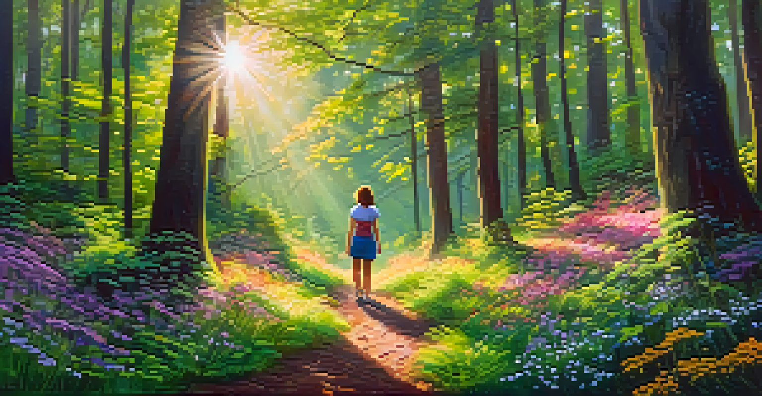 A vibrant forest with sunlight shining through the trees, and a person standing joyfully amidst blooming wildflowers.