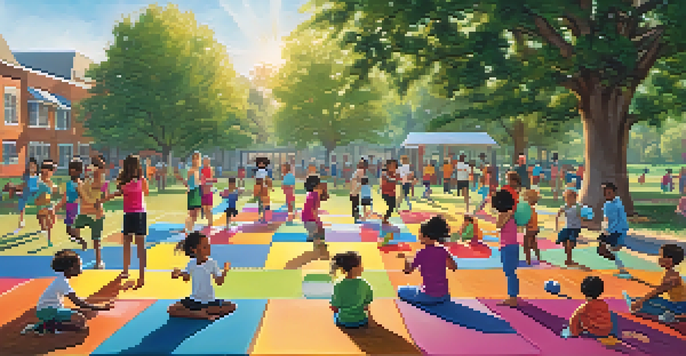 Children of different ethnicities playing soccer, doing yoga, and enjoying fitness activities in a sunny park surrounded by greenery.