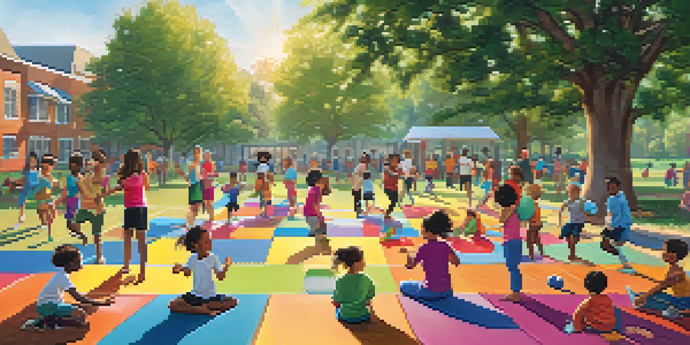 Children of different ethnicities playing soccer, doing yoga, and enjoying fitness activities in a sunny park surrounded by greenery.