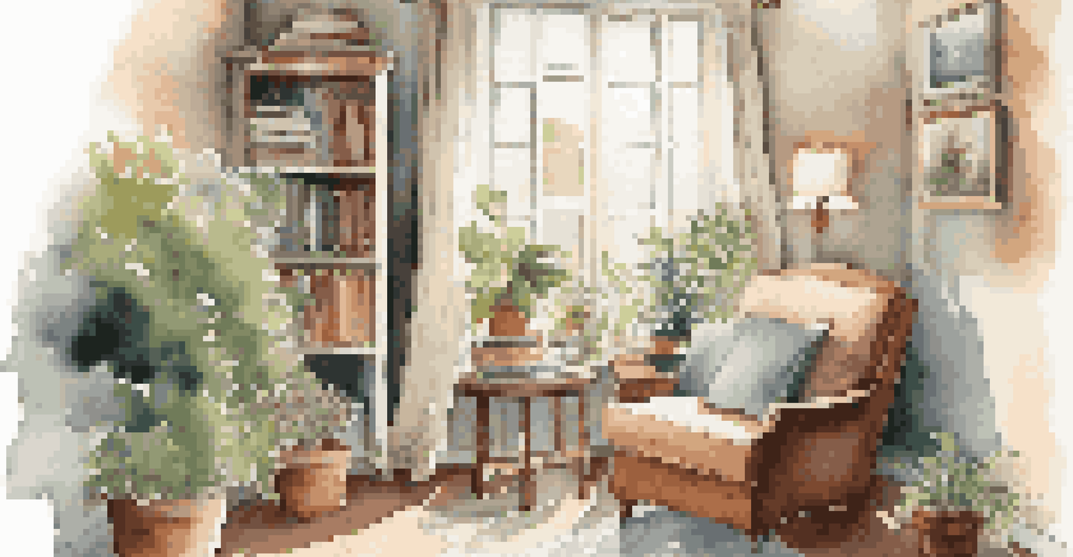 A cozy reading nook with a comfortable chair, side table, books, nature-themed artwork, and potted plants in a sunlit corner.