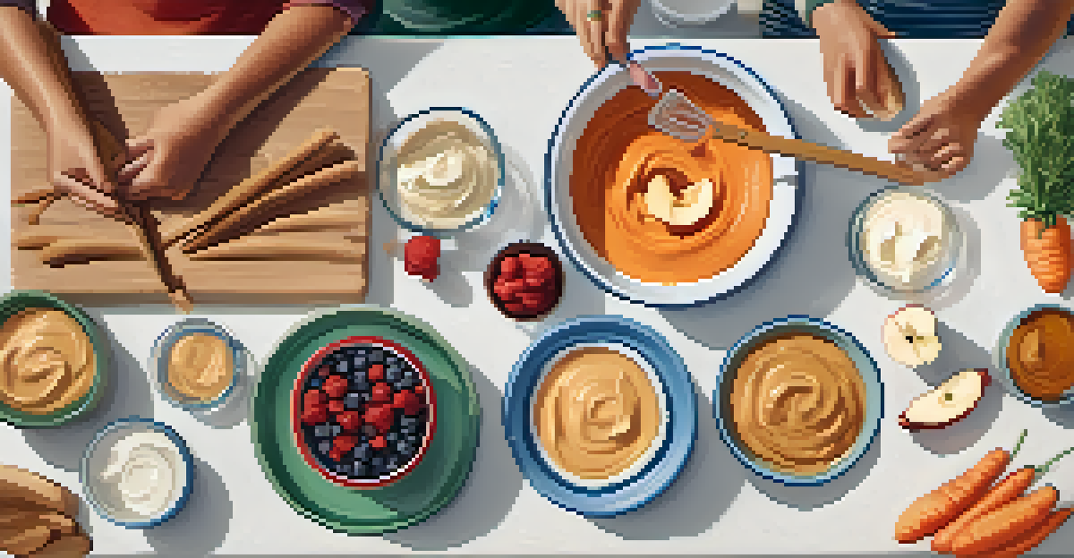 A family preparing healthy snacks in the kitchen, with vibrant fruits and vegetables on the counter.