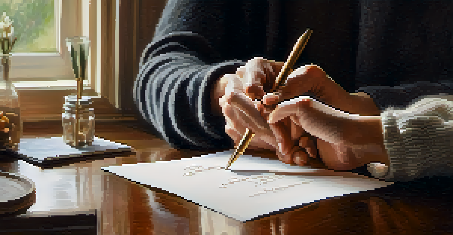 Close-up of two hands exchanging a thank-you note in a cozy home setting, with warm light enhancing the textures.
