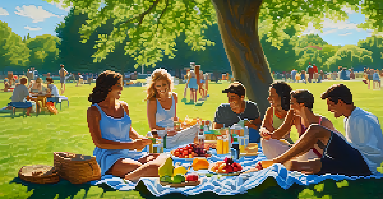 A group of friends having a picnic in a sunny park, with food and laughter in a vibrant setting.