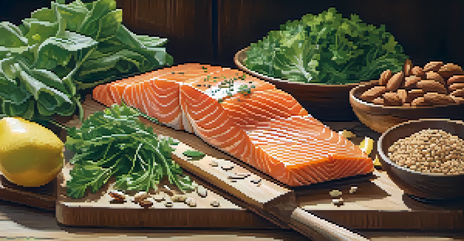 A cutting board with salmon, greens, nuts, and grains, beautifully arranged in a rustic kitchen filled with natural light.