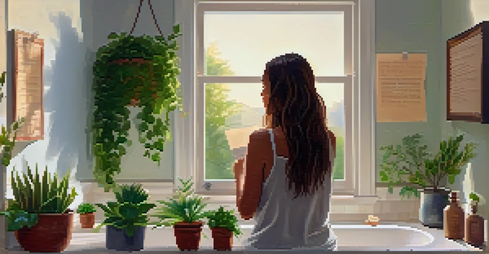 A person in a cozy bathroom smiling at their reflection in the mirror while reciting positive affirmations, surrounded by plants and notes with affirmations.
