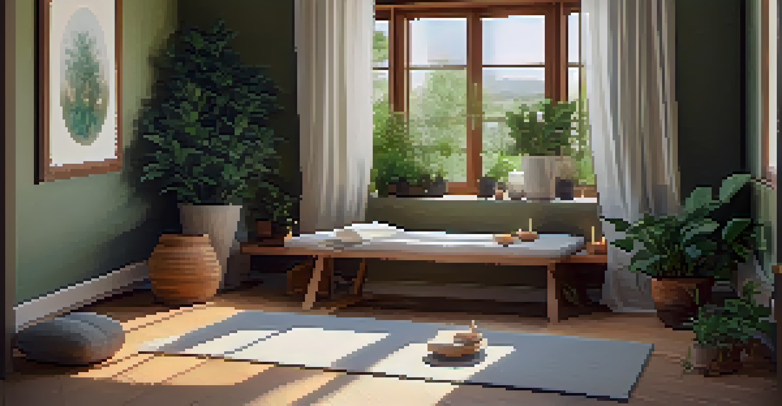 A cozy indoor meditation corner with cushions, candles, and plants, illuminated by soft natural light.