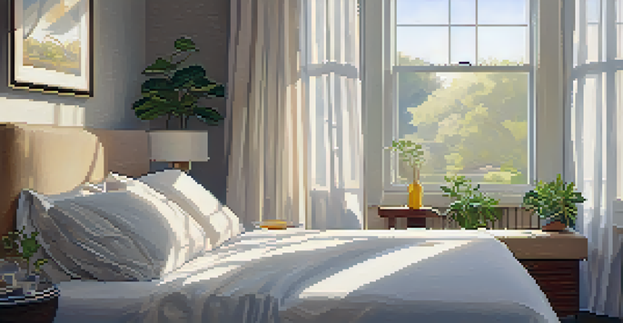 A peaceful morning scene in a cozy bedroom with natural light, a person waking up, and a bedside table with a glass of water and a plant.
