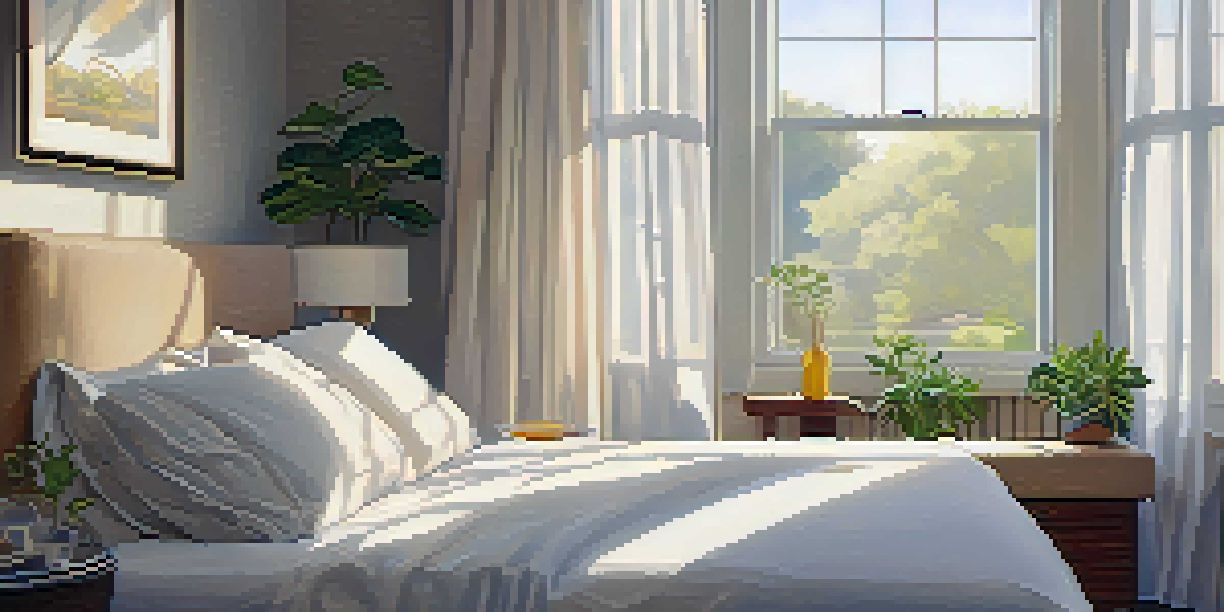 A peaceful morning scene in a cozy bedroom with natural light, a person waking up, and a bedside table with a glass of water and a plant.