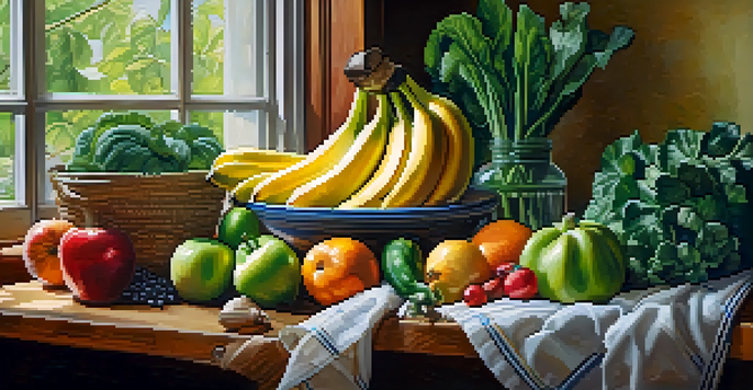 A colorful arrangement of fruits and vegetables on a wooden cutting board in a well-lit kitchen.