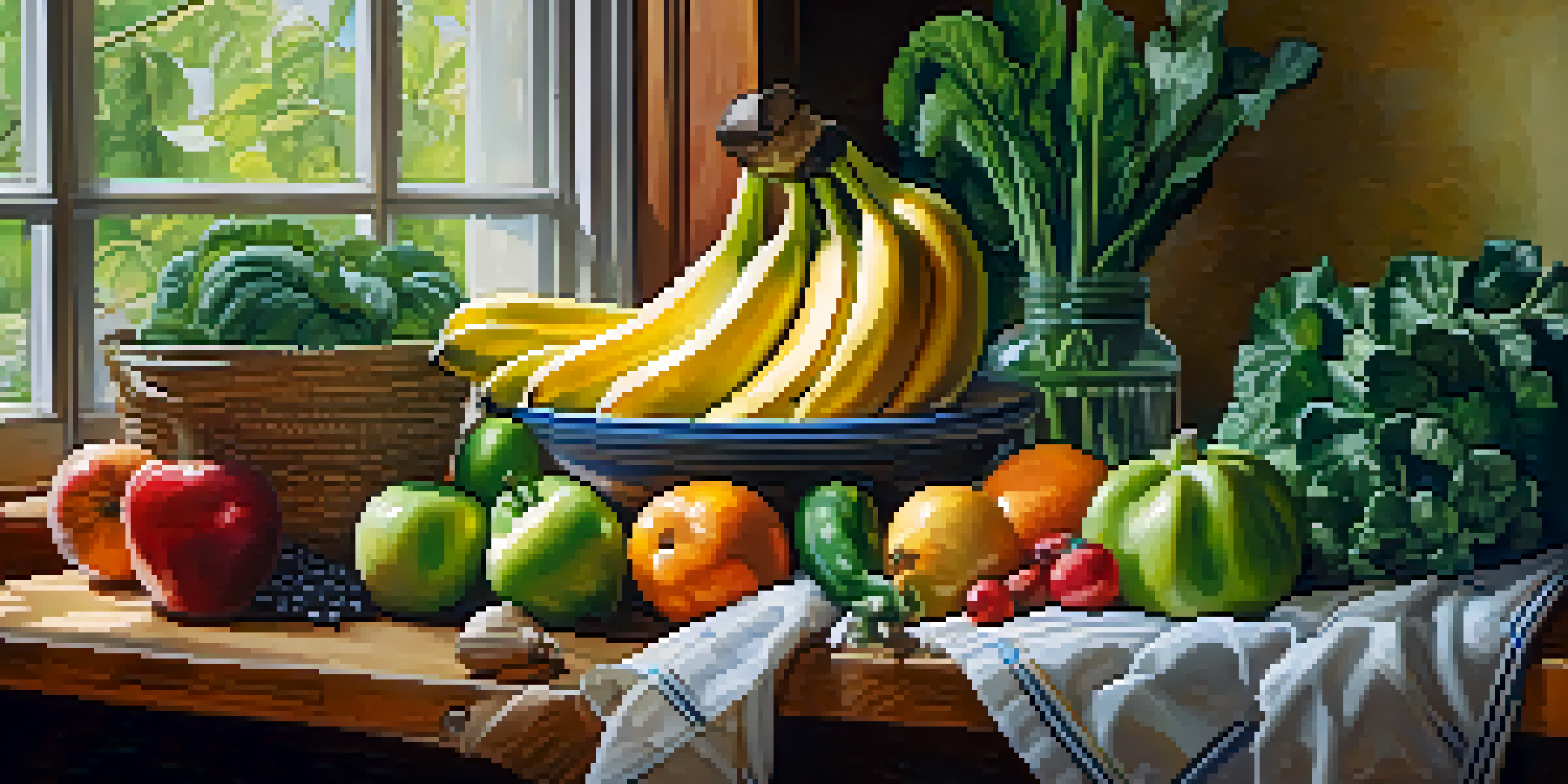 A colorful arrangement of fruits and vegetables on a wooden cutting board in a well-lit kitchen.
