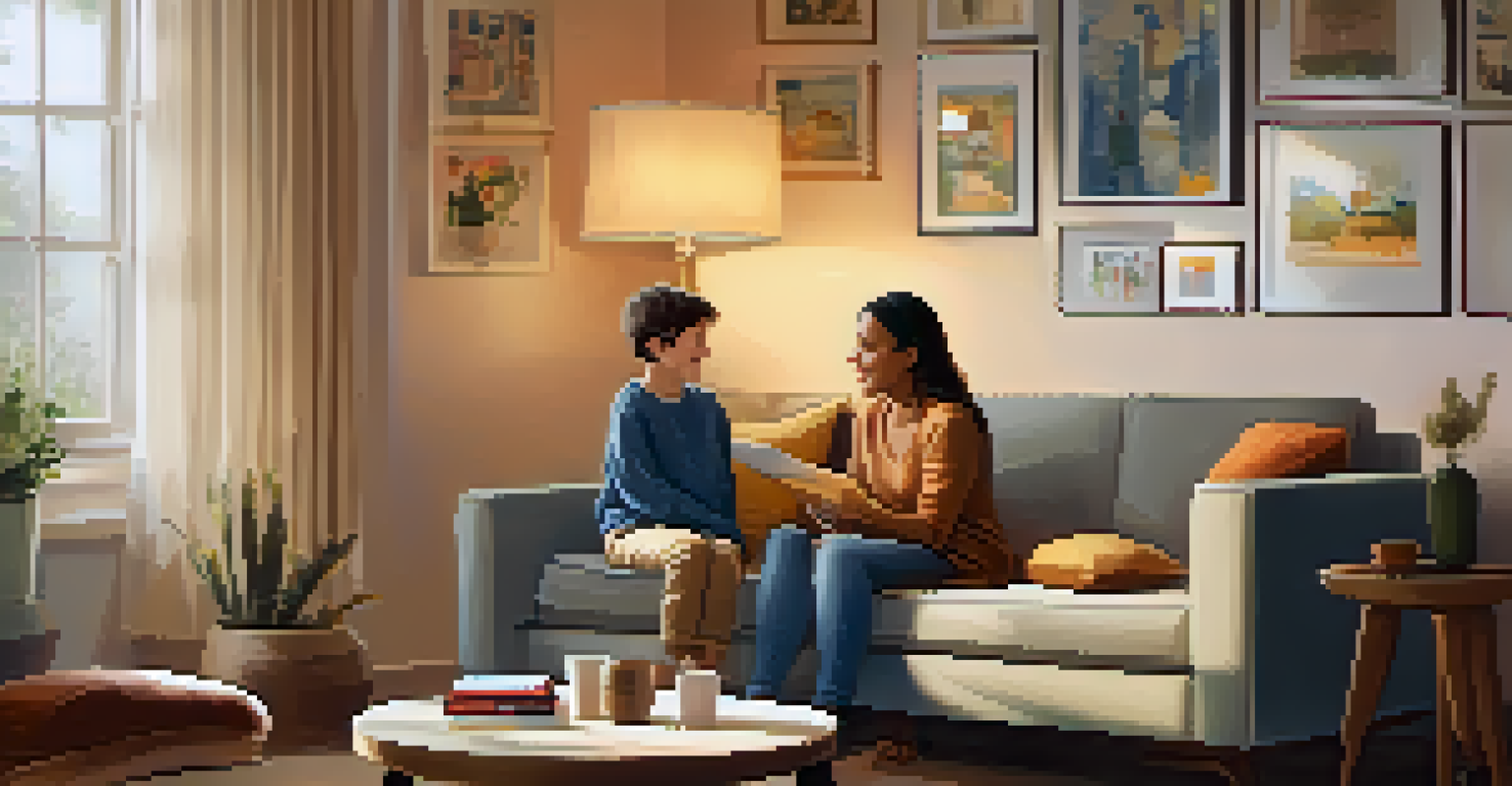 A parent and child sitting in a cozy living room, engaging in a heartfelt conversation about emotions, surrounded by warm decor.