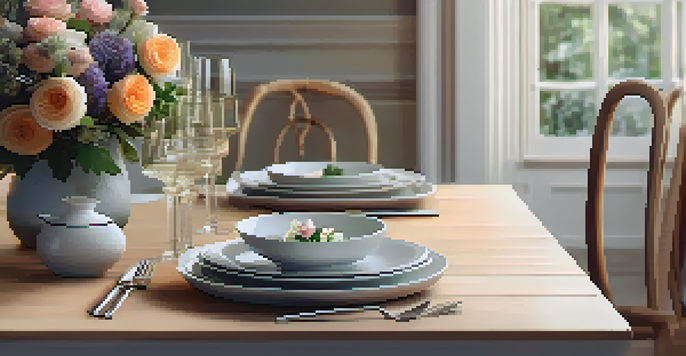 A beautifully set dining table with fresh flowers and candles, creating a calm atmosphere for a meal.