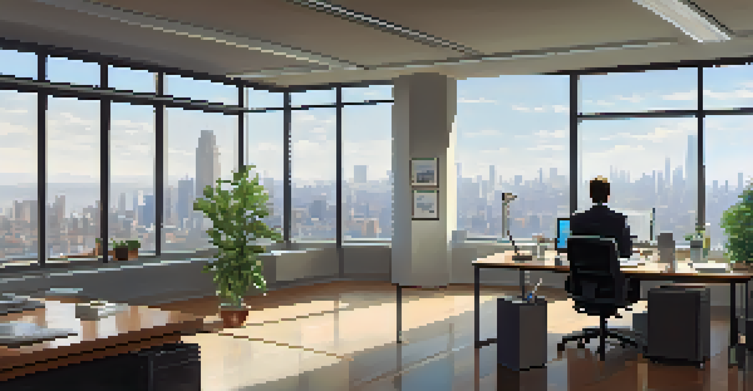 A professional stretching by a window in an office, with a view of the city, promoting a sense of calm.