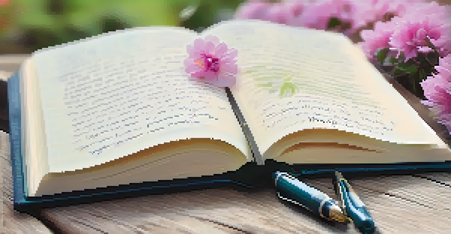 A close-up of an open gratitude journal with handwritten notes, a fountain pen, and a blurred flower garden in the background.