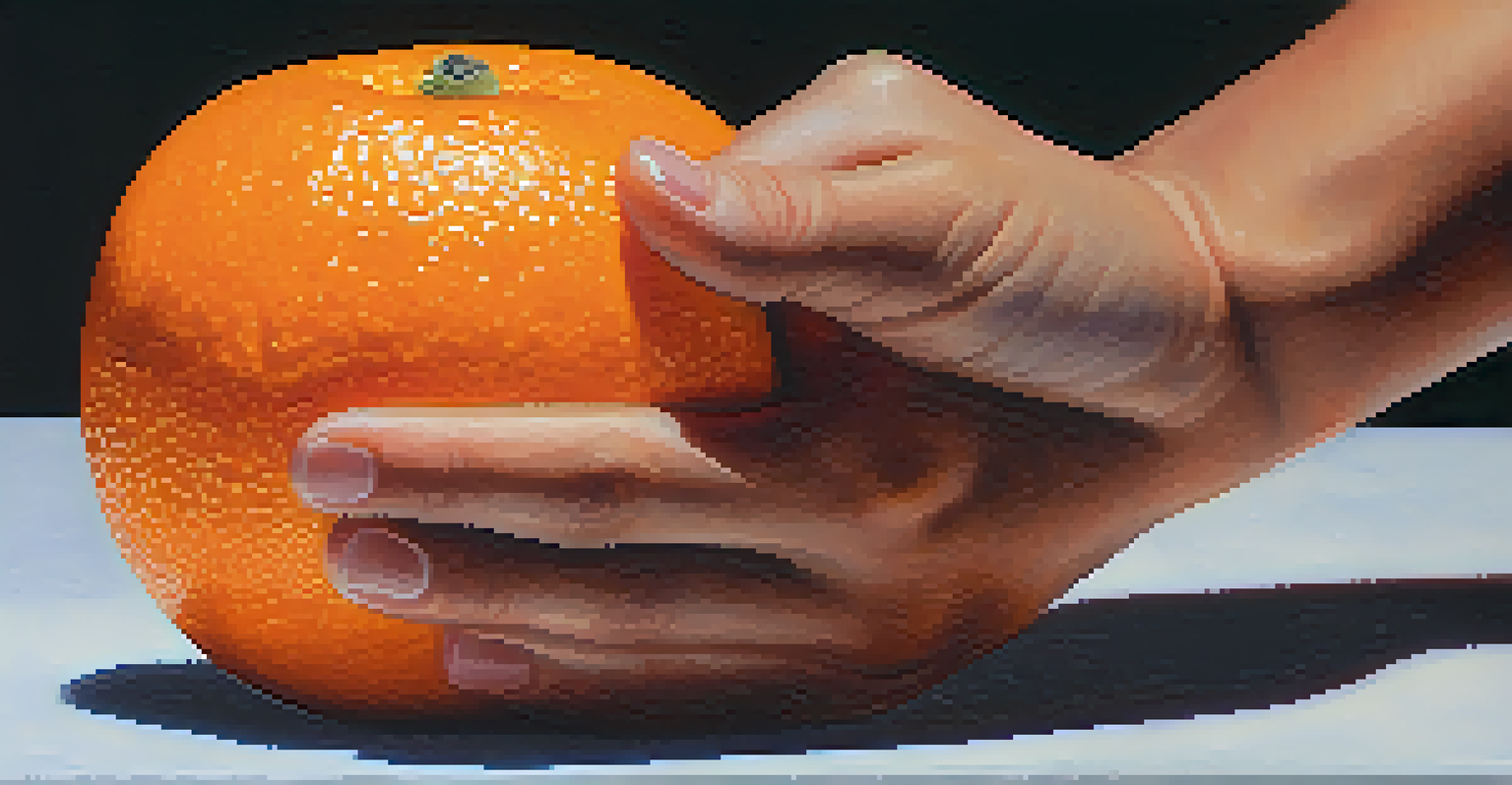 A close-up of a hand holding a bright orange, showcasing its texture and color, focusing on the sensory aspects of mindful eating.