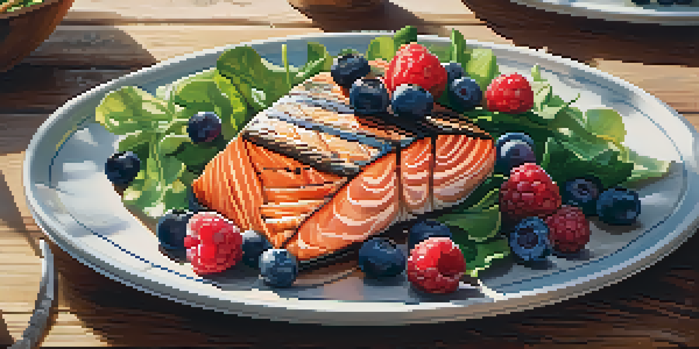 A colorful plate of healthy foods including berries, leafy greens, and grilled salmon on a wooden table, illuminated by soft sunlight.