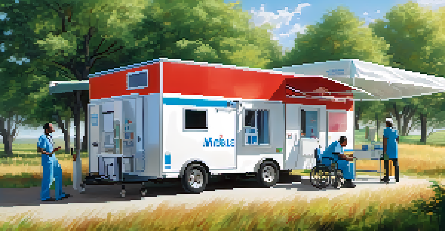 A mobile health clinic in a rural setting, providing care to a patient outside.