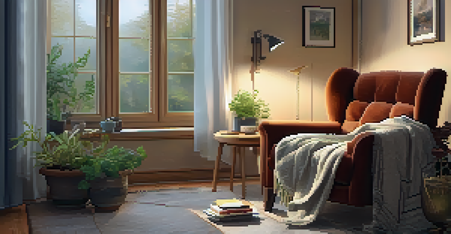 A cozy living room with an armchair, a cup of herbal tea, and calming artwork under warm lighting.