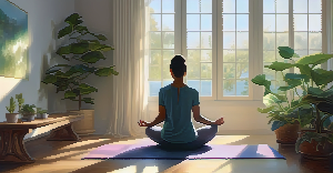 A person meditating on a yoga mat in a sunlit room filled with plants and peaceful decor.