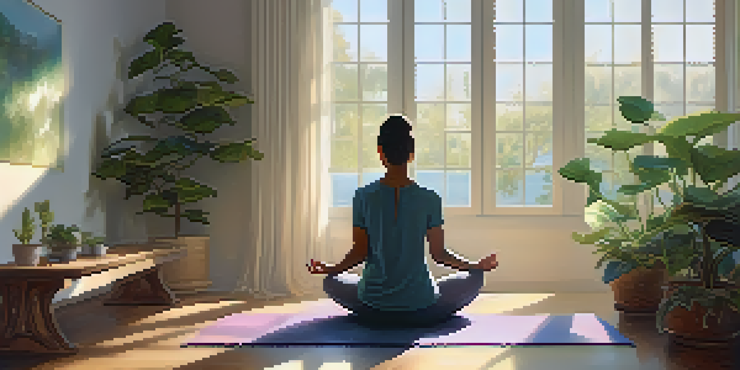 A person meditating on a yoga mat in a sunlit room filled with plants and peaceful decor.