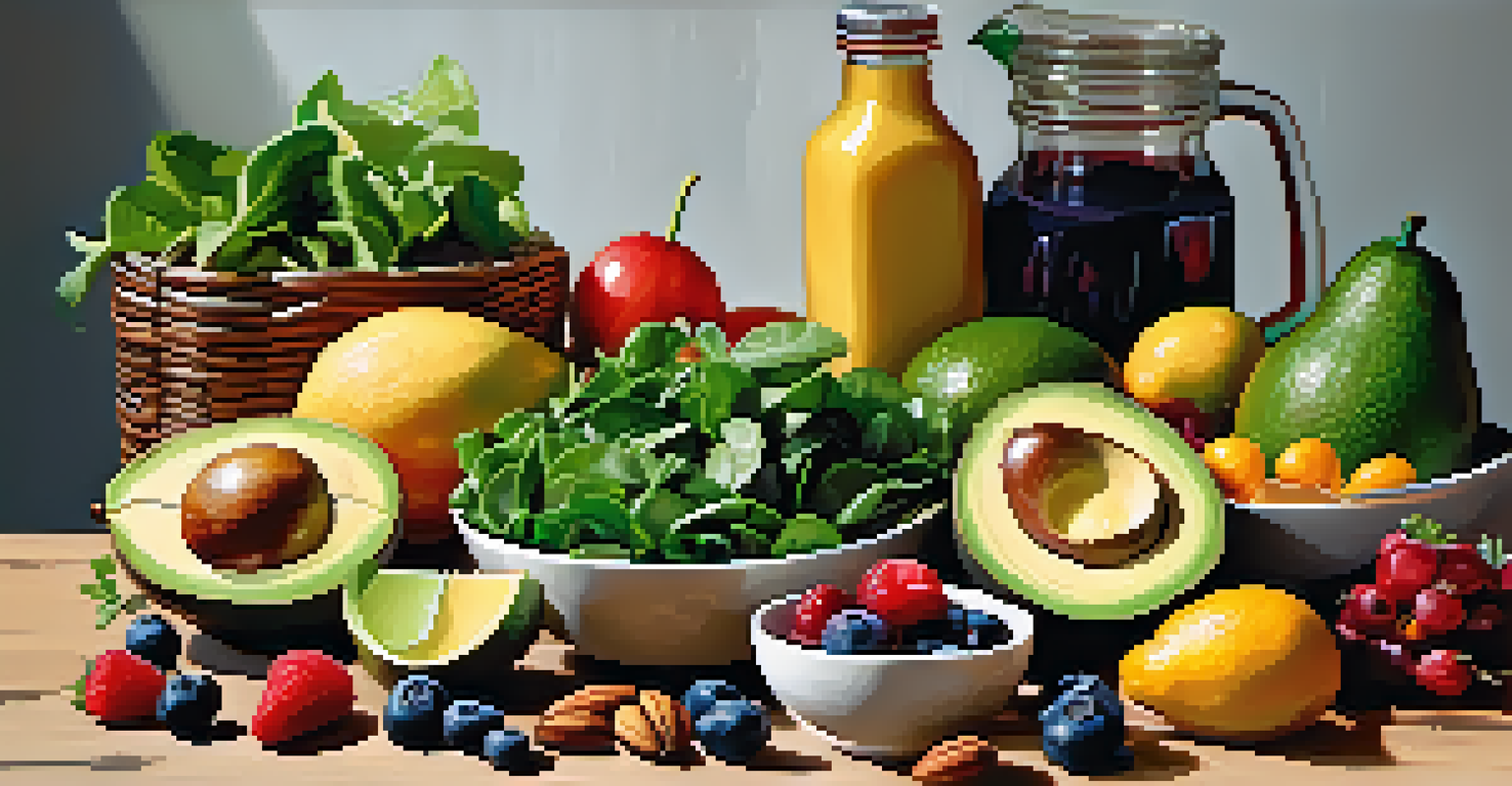 A colorful and nutritious meal featuring fruits, vegetables, and nuts arranged on a wooden table.