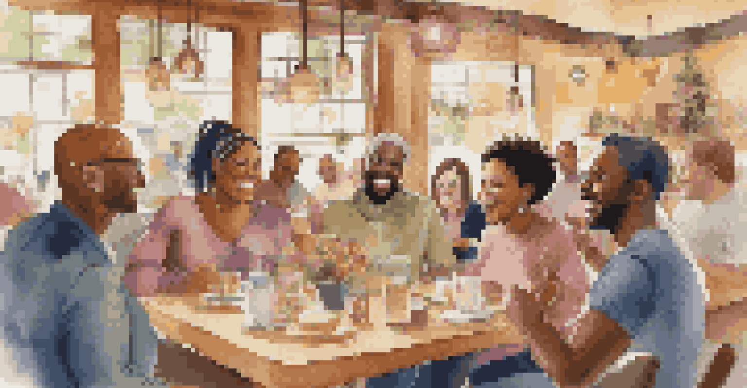 A warm community gathering in a cafe, showcasing diverse individuals sharing stories and laughter, symbolizing support and connection.