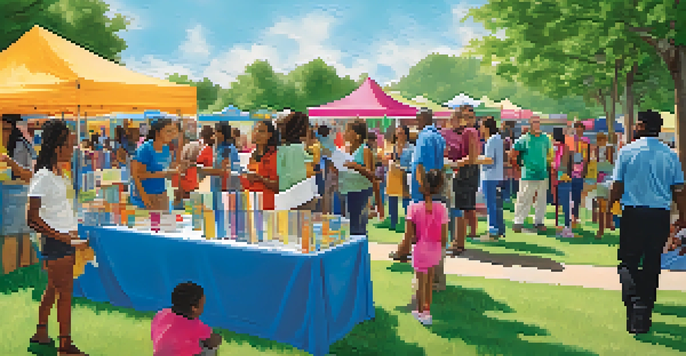 A diverse group of individuals at a community health fair, engaging with educational booths and health professionals in a vibrant outdoor setting.