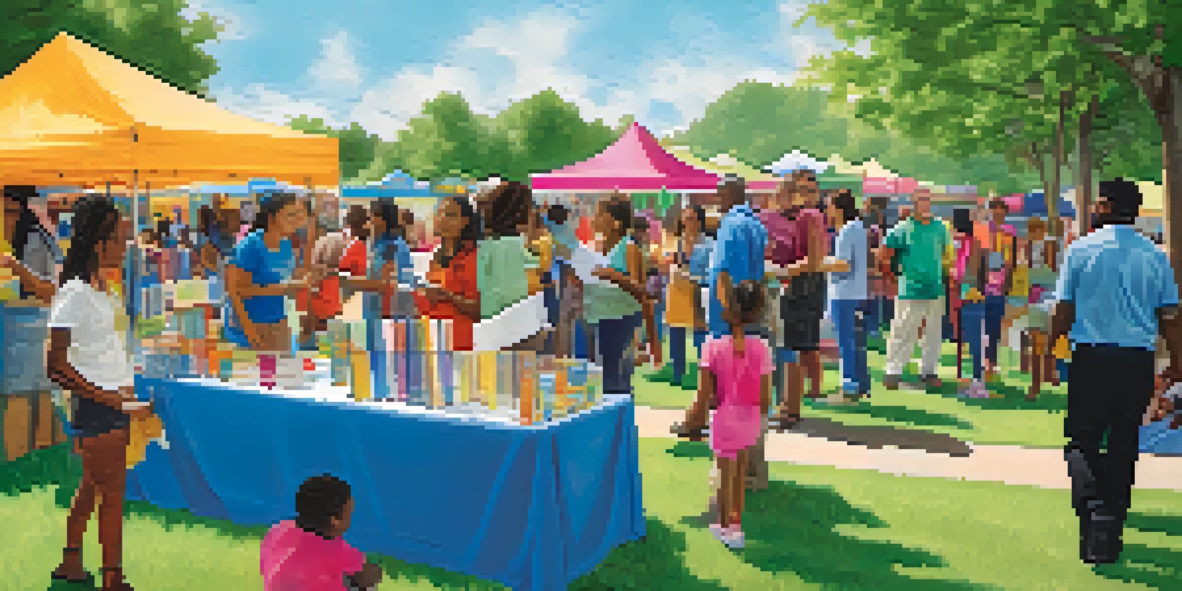A diverse group of individuals at a community health fair, engaging with educational booths and health professionals in a vibrant outdoor setting.