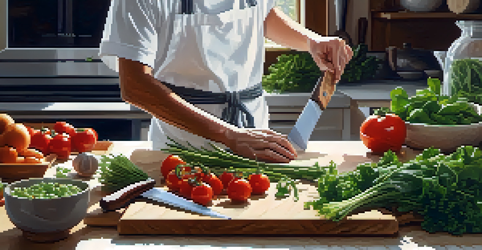 Hands preparing fresh vegetables on a cutting board in a bright kitchen, emphasizing healthy cooking for mindful eating.