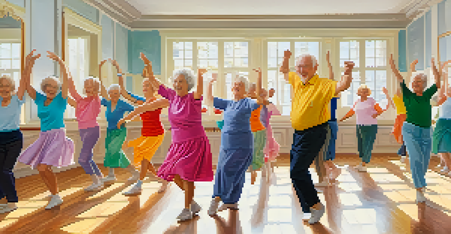 Seniors dancing joyfully in a bright studio during a dance class.