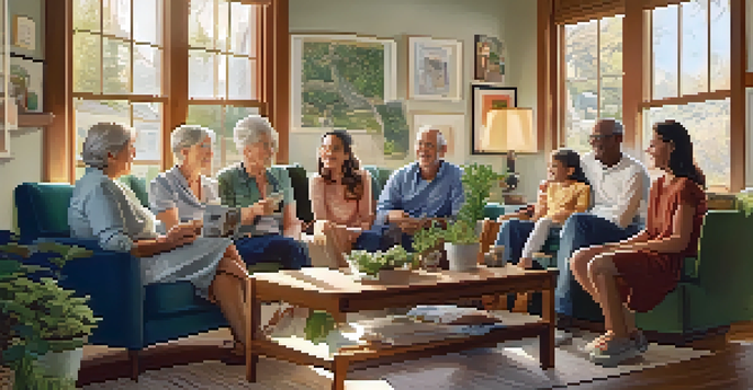 A family gathering in a cozy living room with various generations discussing health history, surrounded by family photos and a family tree poster.