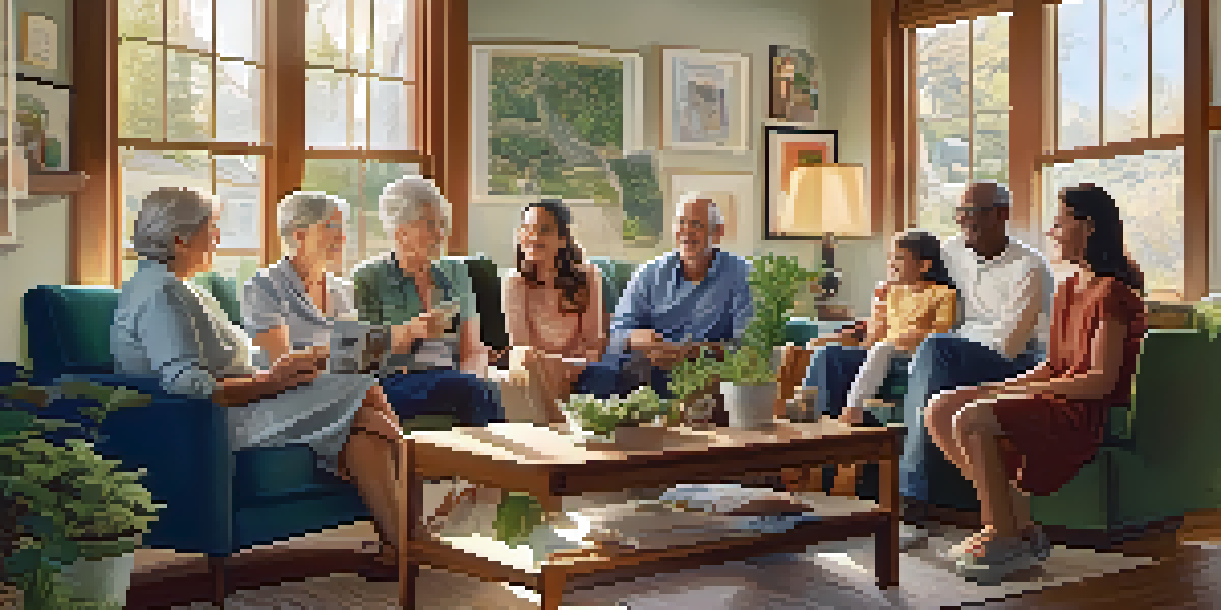 A family gathering in a cozy living room with various generations discussing health history, surrounded by family photos and a family tree poster.