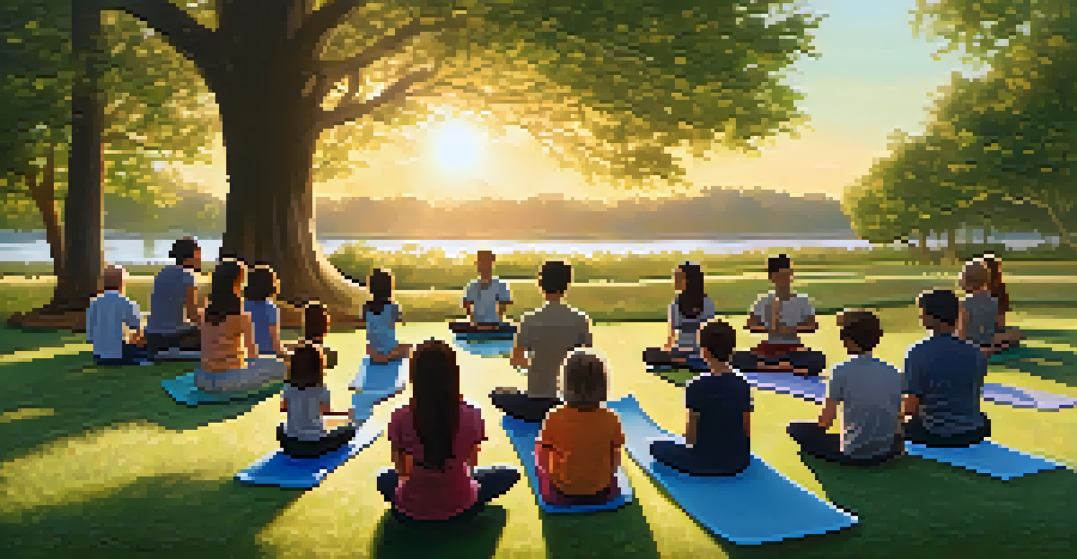 Parents and children practicing mindfulness together in a park during a sunset, creating a sense of community.