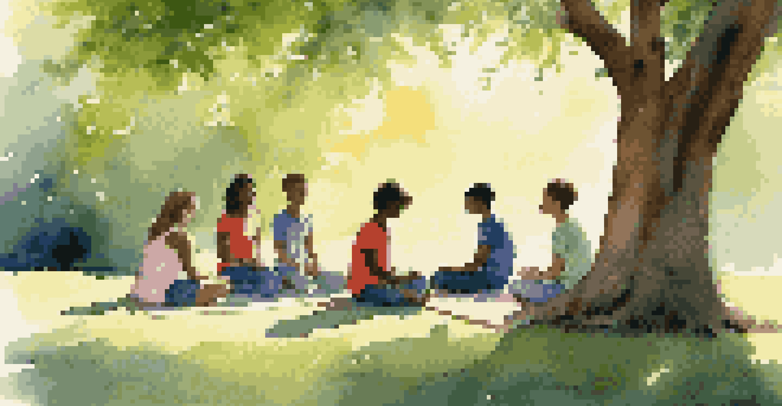 Teenagers practicing mindfulness outdoors under a tree, engaging in meditation and relaxation in a tranquil natural setting.